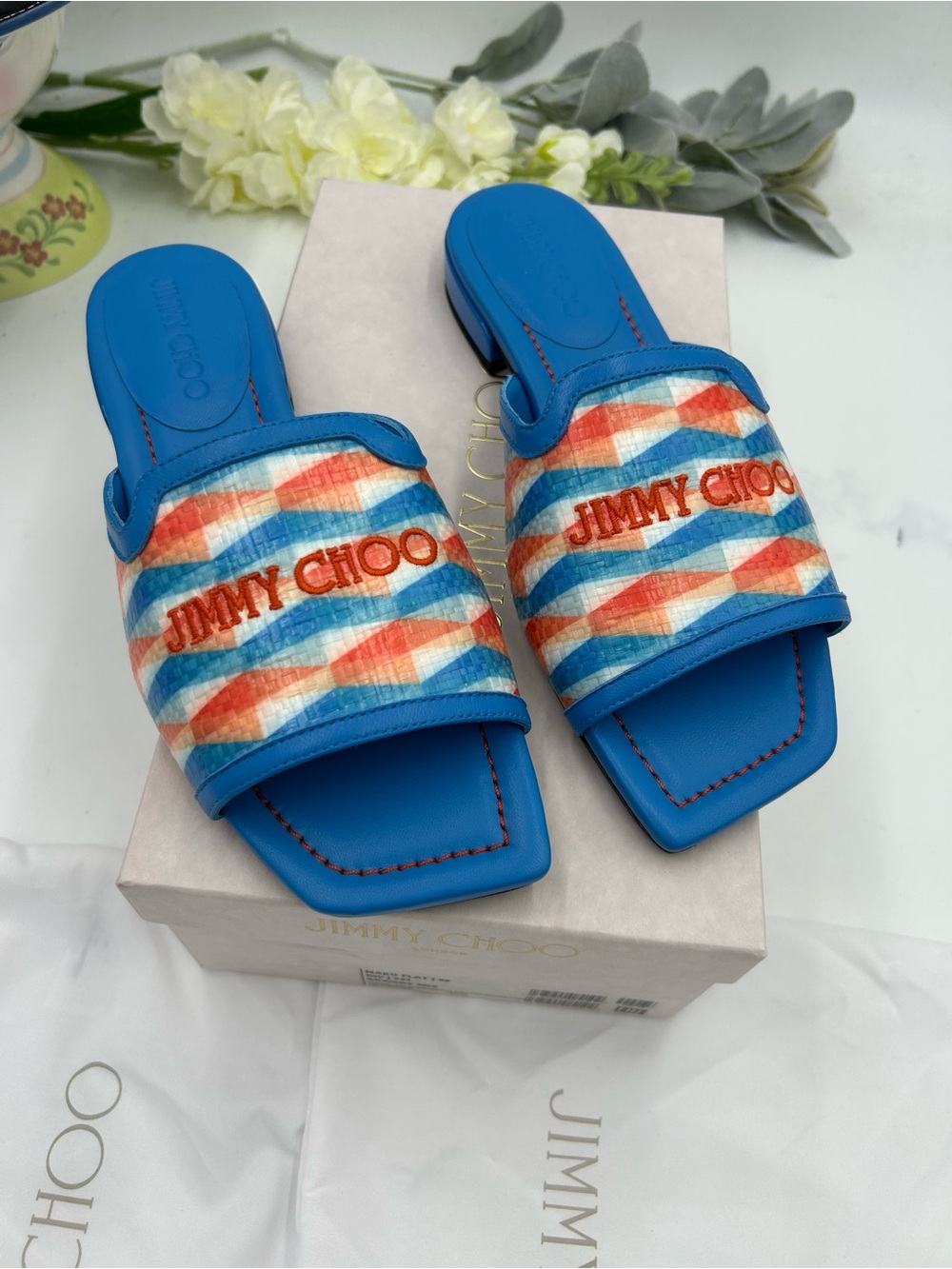 Women's Jimmy Choo Bright Blue Multicolor Patterned Slide Sandals size 38 - Picture 2 of 10